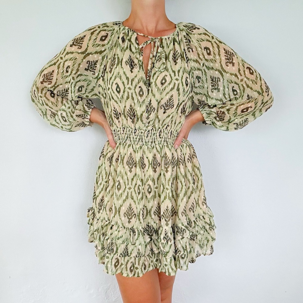 ZARA green abstract print long sleeve chiffon Swiss dot tie neck dress size XS